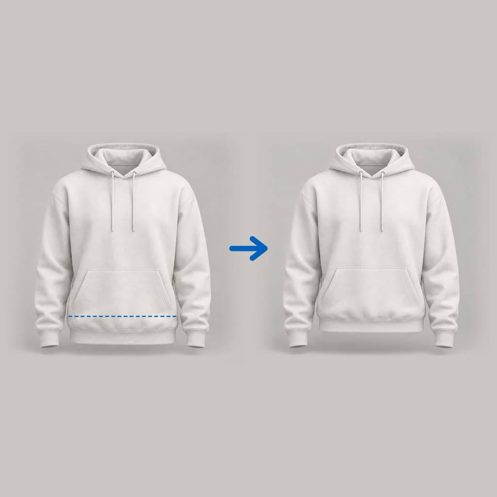 Kapuzenpullover Länge kürzen: links vorher, rechts nachher.