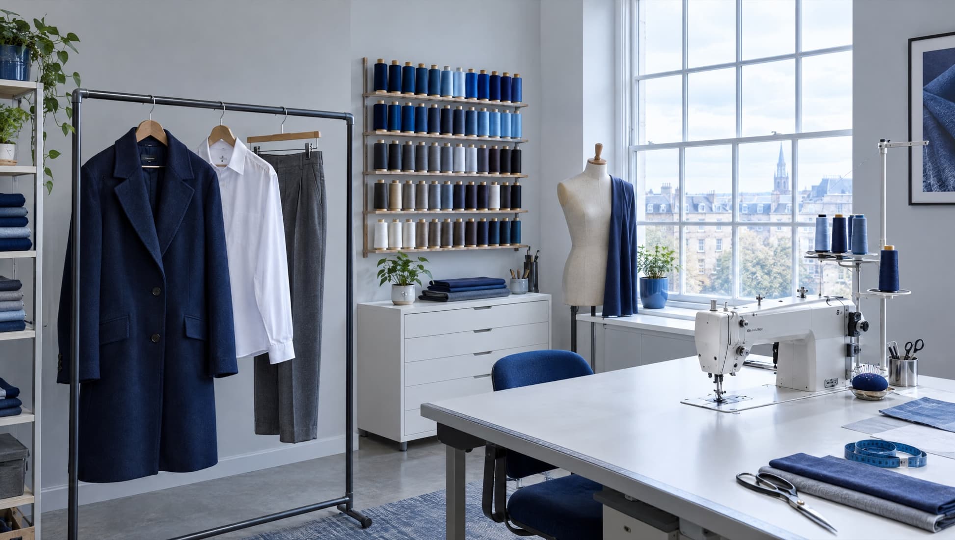 Helles Schneideratelier mit Nähmaschine, Garnrollen und fertigen Kleidungsstücken an einer Kleiderstange