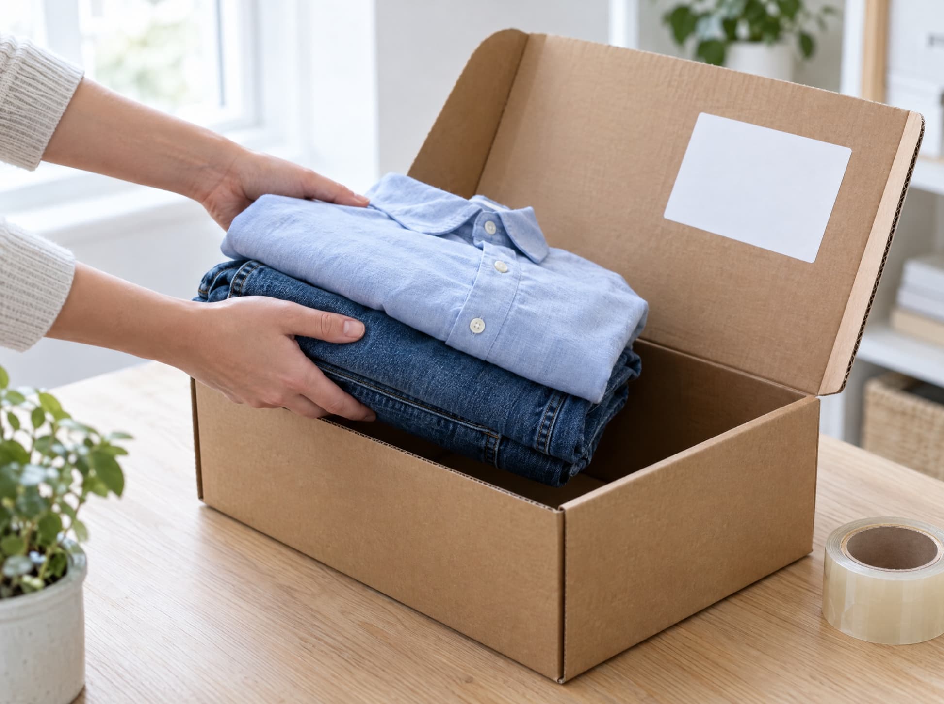 Eine gefaltete Jeans und ein Hemd werden in einen Versandkarton gelegt