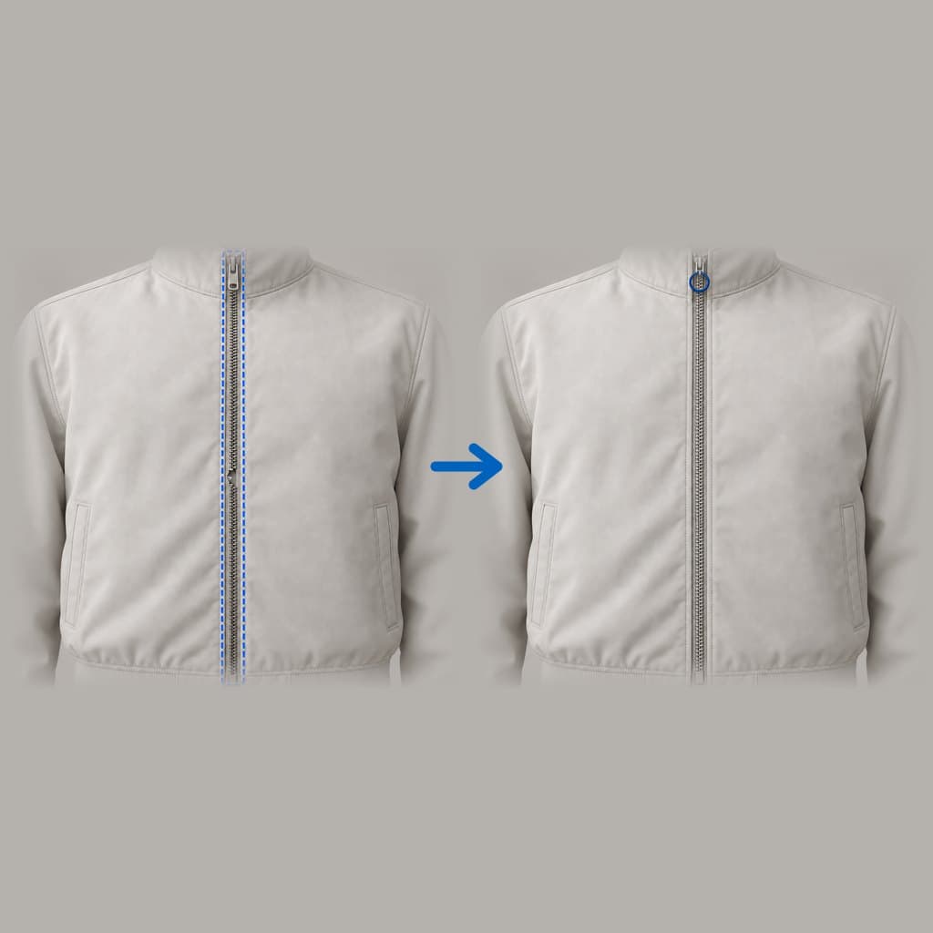 Jacke Reißverschluss ersetzen: links vorher, rechts nachher.
