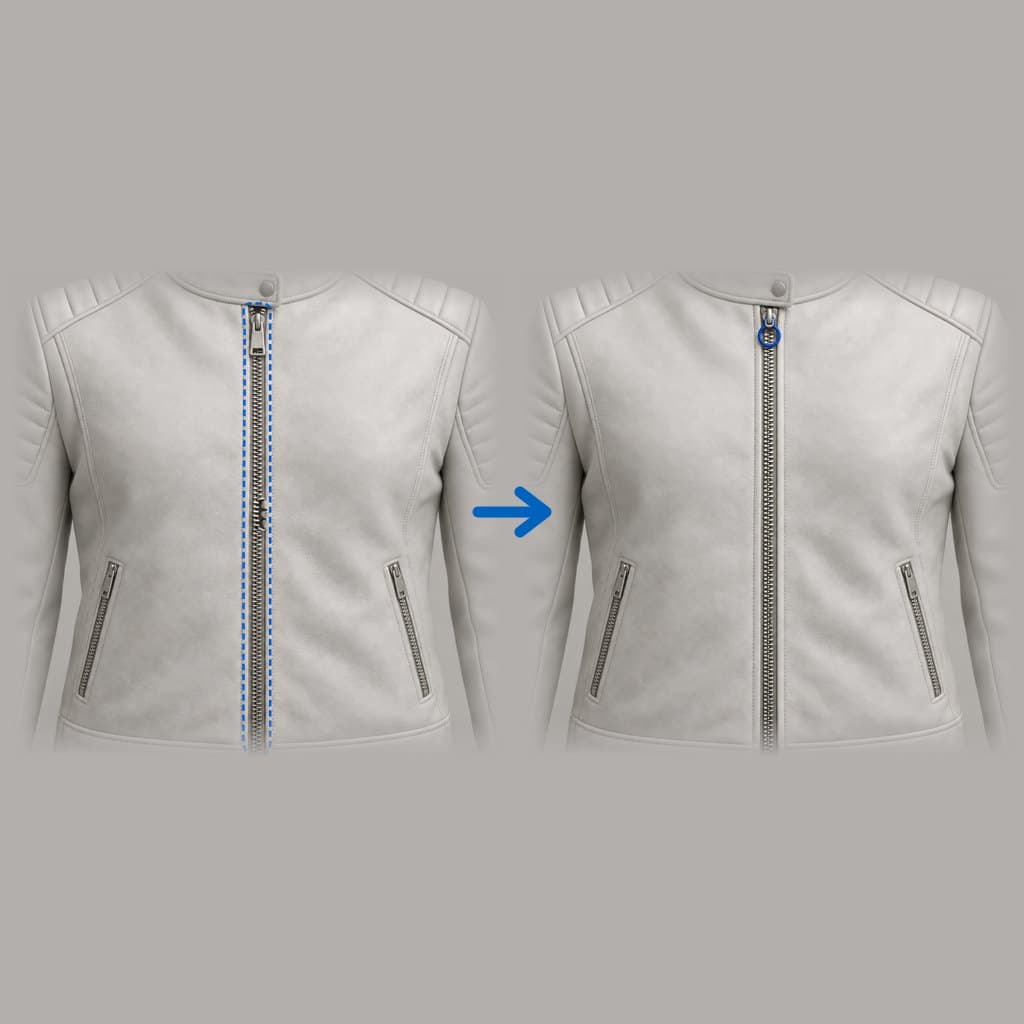 Lederjacke Reißverschluss tauschen: links vorher, rechts nachher.