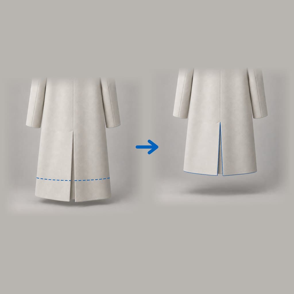 Mantel Länge kürzen: links vorher, rechts nachher.