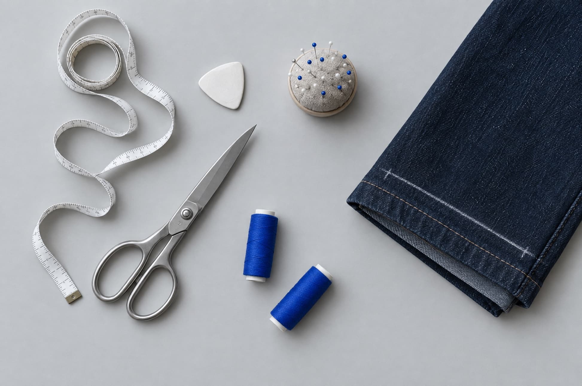 Maßband, Schneiderkreide, Schere und blaues Garn neben einem Jeans-Saum mit Kreidelinie
